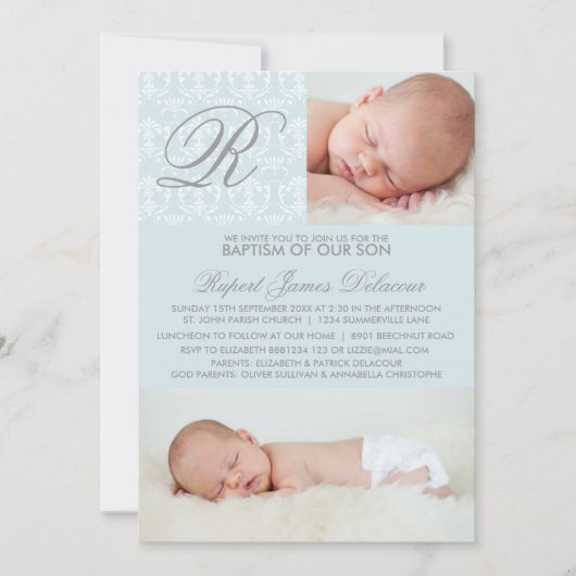 Blue Damask Monogram Baptisme Photo Invitation Kaart (Voorkant)