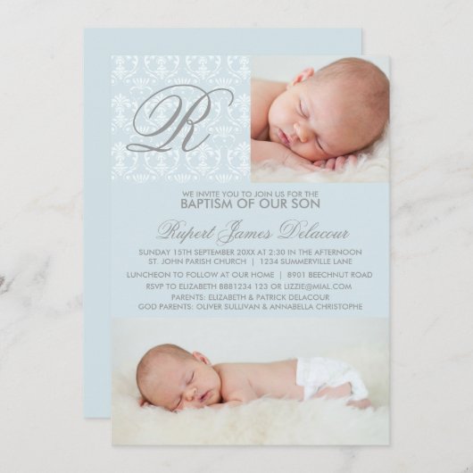 Blue Damask Monogram Baptisme Photo Invitation Kaart (Voorkant / Achterkant)