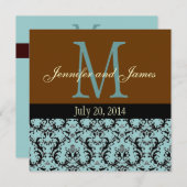 Blue Damask Monogram Brown Wedding Invitation Kaart (Voorkant / Achterkant)