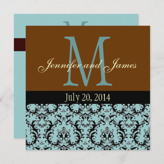 Blue Damask Monogram Brown Wedding Invitation Kaart (Voorkant / Achterkant)