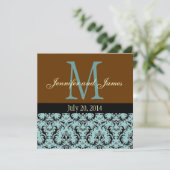 Blue Damask Monogram Brown Wedding Invitation Kaart (Staand voorkant)