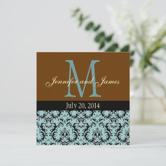 Blue Damask Monogram Brown Wedding Invitation Kaart (Staand voorkant)