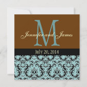 Blue Damask Monogram Brown Wedding Invitation Kaart (Voorkant)