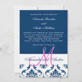 Blue Damask Monogram Foto Wedding Invitations Kaart (Achterkant)
