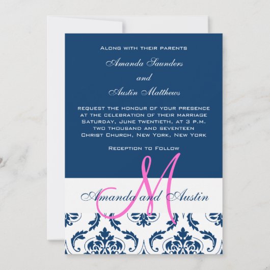 Blue Damask Monogram Foto Wedding Invitations Kaart (Achterkant)