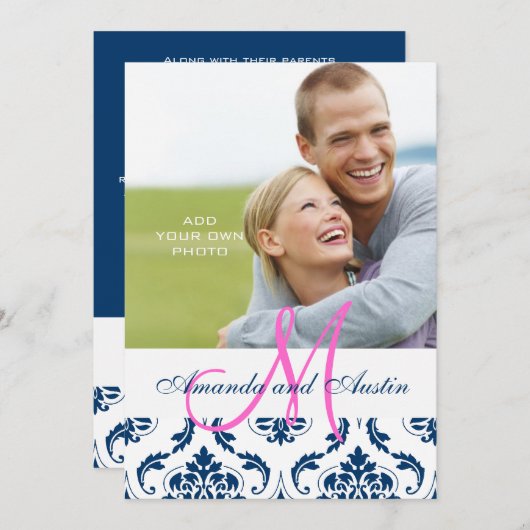 Blue Damask Monogram Foto Wedding Invitations Kaart (Voorkant / Achterkant)