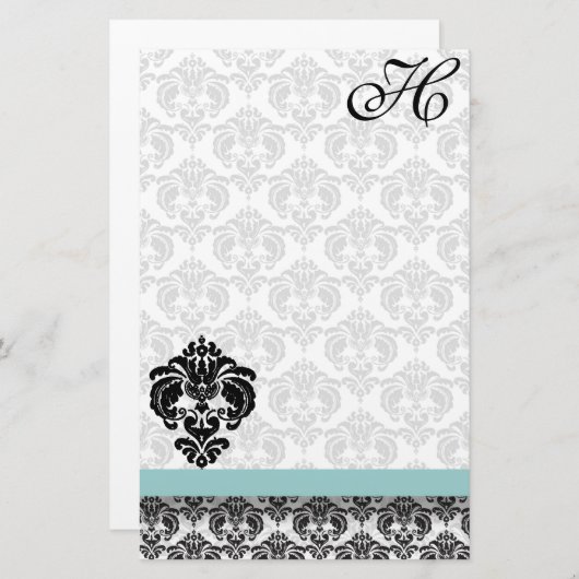 Blue Damask Monogram Gerecycled papier (Voorkant / Achterkant)