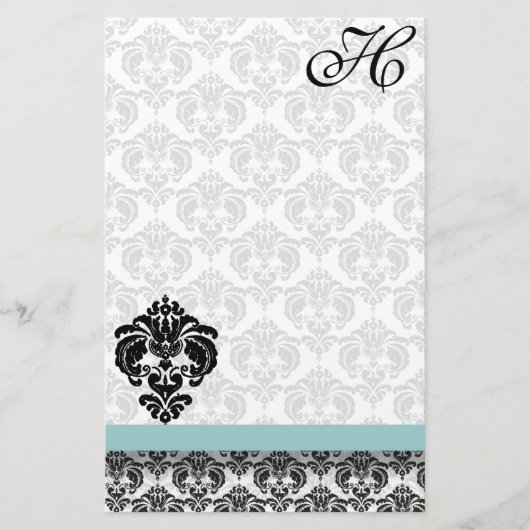 Blue Damask Monogram Gerecycled papier (Voorkant)