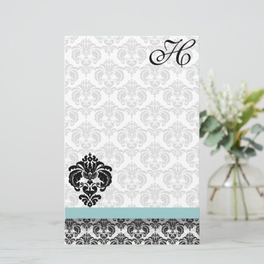 Blue Damask Monogram Gerecycled papier (Staand voorkant)