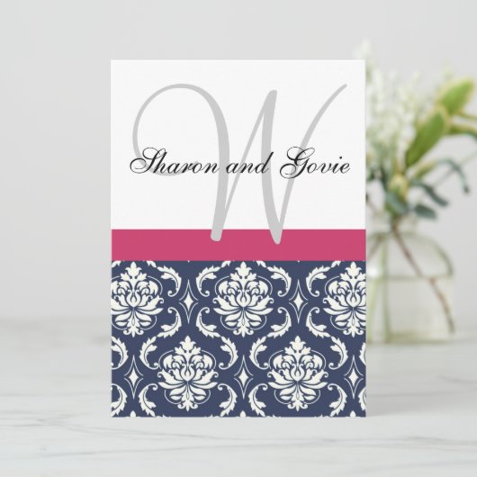 Blue Damask Monogram Names Wedding Invitation Kaart (Staand voorkant)