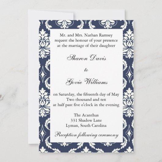 Blue Damask Monogram Names Wedding Invitation Kaart (Achterkant)