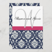 Blue Damask Monogram Names Wedding Invitation Kaart (Voorkant / Achterkant)