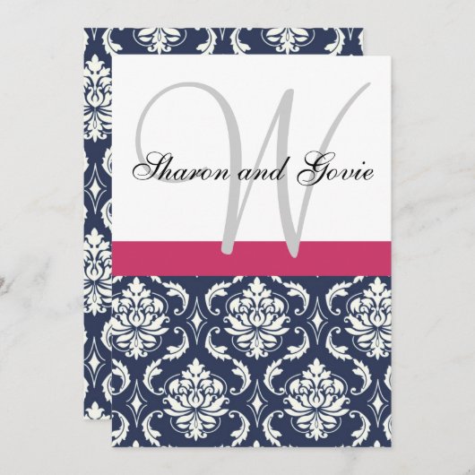 Blue Damask Monogram Names Wedding Invitation Kaart (Voorkant / Achterkant)