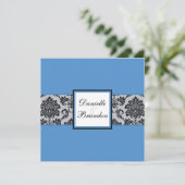Blue Damask Monogram Weddenschap Kaart (Staand voorkant)