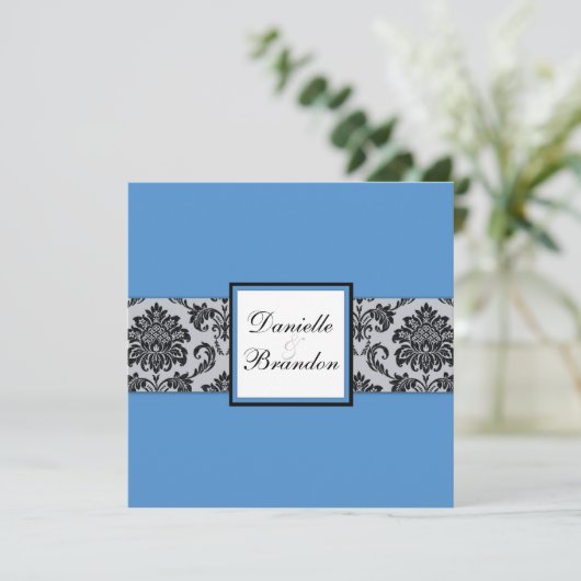 Blue Damask Monogram Weddenschap Kaart (Staand voorkant)