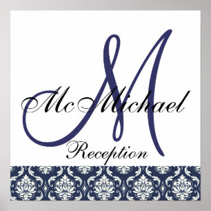 Blue Damask Monogram Weddenschap Poster