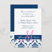 Blue Damask Monogram Weddenschappen Reception Informatiekaartje (Voorkant / Achterkant)