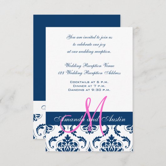 Blue Damask Monogram Weddenschappen Reception Informatiekaartje (Voorkant / Achterkant)