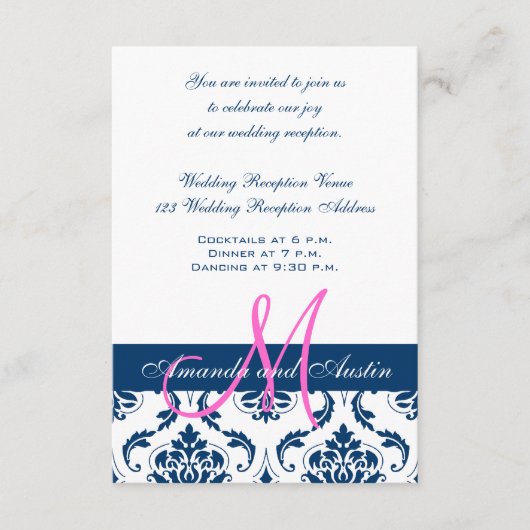 Blue Damask Monogram Weddenschappen Reception Informatiekaartje (Voorkant)