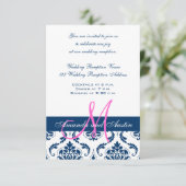 Blue Damask Monogram Weddenschappen Reception Informatiekaartje (Staand voorkant)