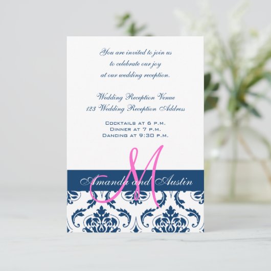 Blue Damask Monogram Weddenschappen Reception Informatiekaartje (Staand voorkant)