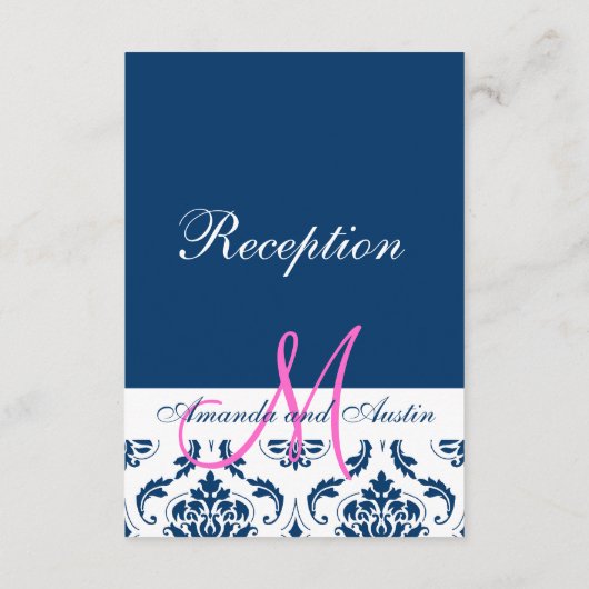Blue Damask Monogram Weddenschappen Reception Informatiekaartje (Achterkant)