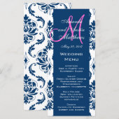 Blue Damask Monogram Wedding Menu Kaarten (Voorkant / Achterkant)