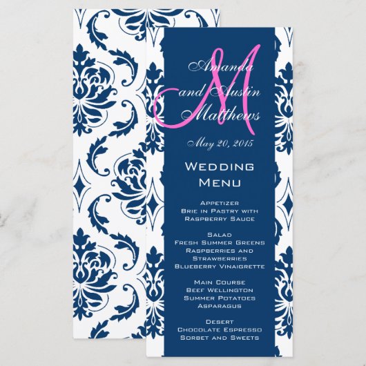 Blue Damask Monogram Wedding Menu Kaarten (Voorkant / Achterkant)