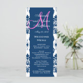 Blue Damask Monogram Wedding Menu Kaarten (Staand voorkant)