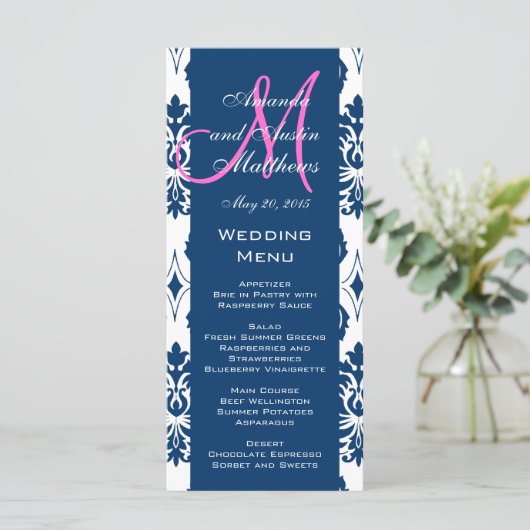 Blue Damask Monogram Wedding Menu Kaarten (Staand voorkant)