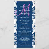 Blue Damask Monogram Wedding Menu Kaarten (Voorkant)
