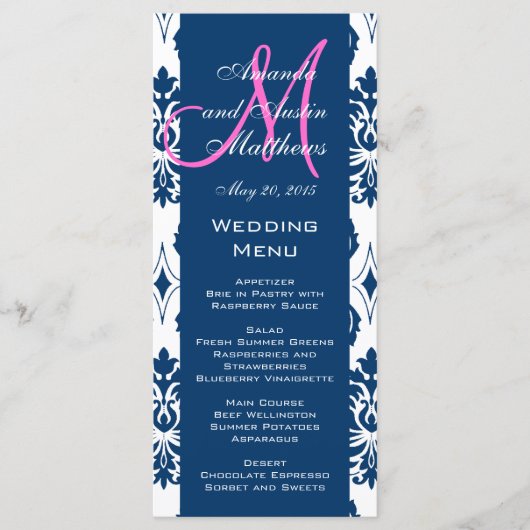 Blue Damask Monogram Wedding Menu Kaarten (Voorkant)