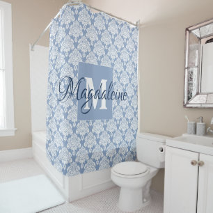 Blue Damask Monogrammed Douchegordijn w / Naam