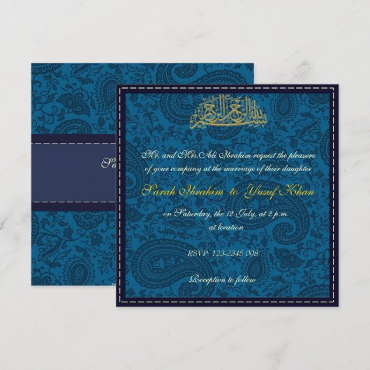 Blue Damask Muslim bruiloft Kaart (Voorkant / Achterkant)