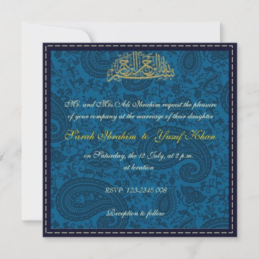 Blue Damask Muslim bruiloft Kaart (Voorkant)