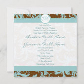 Blue Damask op Bruin Wedding Invitation Kaart (Voorkant)