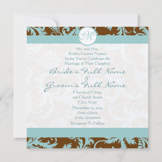 Blue Damask op Bruin Wedding Invitation Kaart (Voorkant)