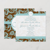 Blue Damask op Bruin Wedding Invitation Kaart (Voorkant / Achterkant)