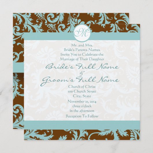 Blue Damask op Bruin Wedding Invitation Kaart (Voorkant / Achterkant)