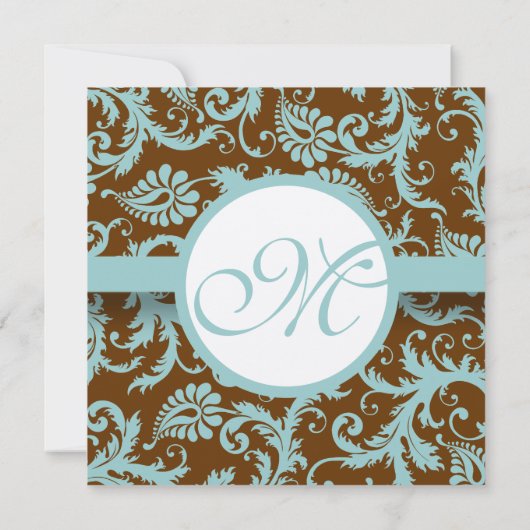 Blue Damask op Bruin Wedding Invitation Kaart (Achterkant)