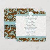 Blue Damask op Bruin Wedding Invitation Kaart (Voorkant / Achterkant)
