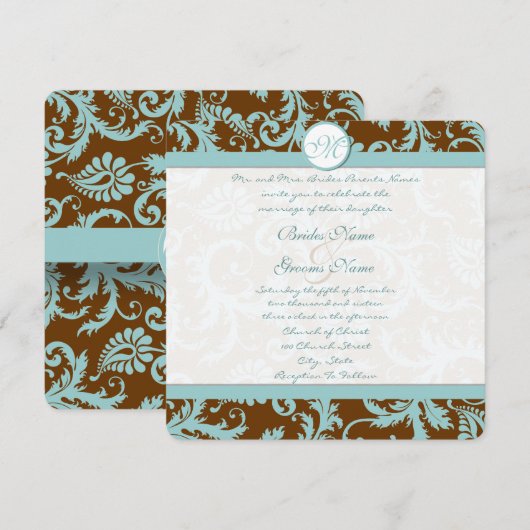 Blue Damask op Bruin Wedding Invitation Kaart (Voorkant / Achterkant)