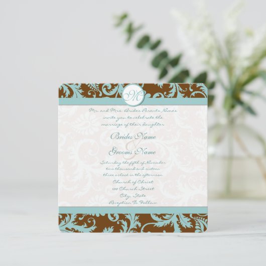 Blue Damask op Bruin Wedding Invitation Kaart (Staand voorkant)