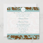 Blue Damask op Bruin Wedding Invitation Kaart (Voorkant)