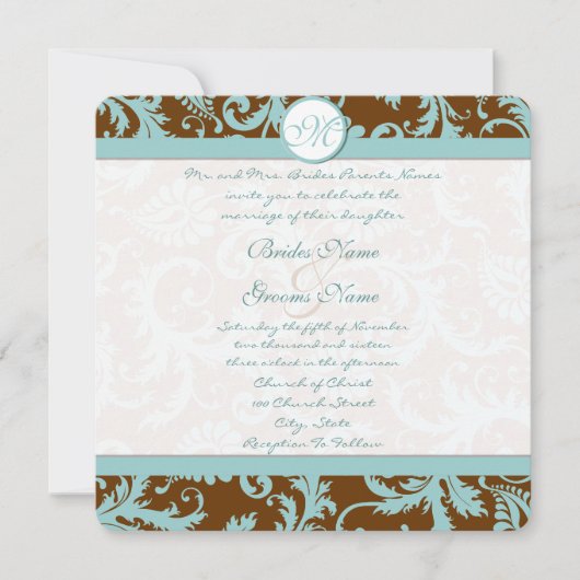 Blue Damask op Bruin Wedding Invitation Kaart (Voorkant)