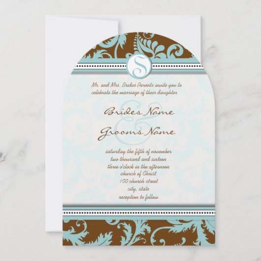 Blue Damask op Bruin Wedding Invitation Kaart (Voorkant)