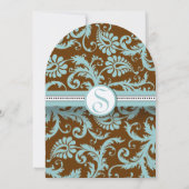Blue Damask op Bruin Wedding Invitation Kaart (Achterkant)