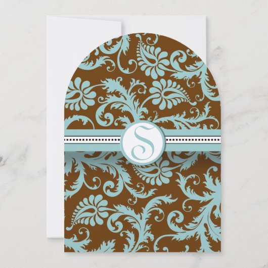 Blue Damask op Bruin Wedding Invitation Kaart (Achterkant)