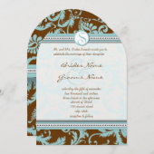 Blue Damask op Bruin Wedding Invitation Kaart (Voorkant / Achterkant)
