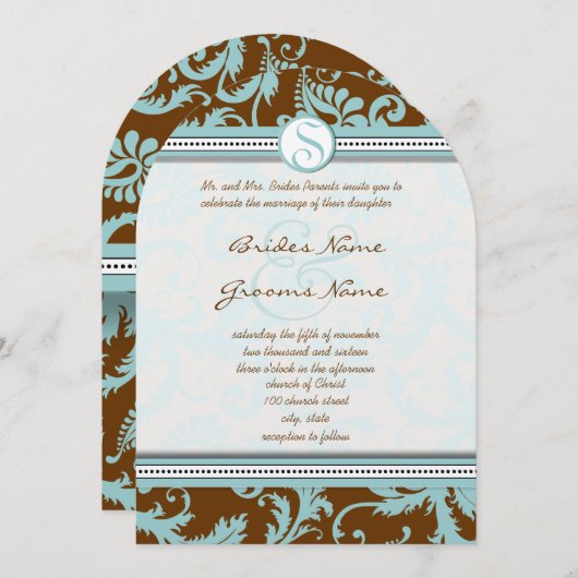 Blue Damask op Bruin Wedding Invitation Kaart (Voorkant / Achterkant)
